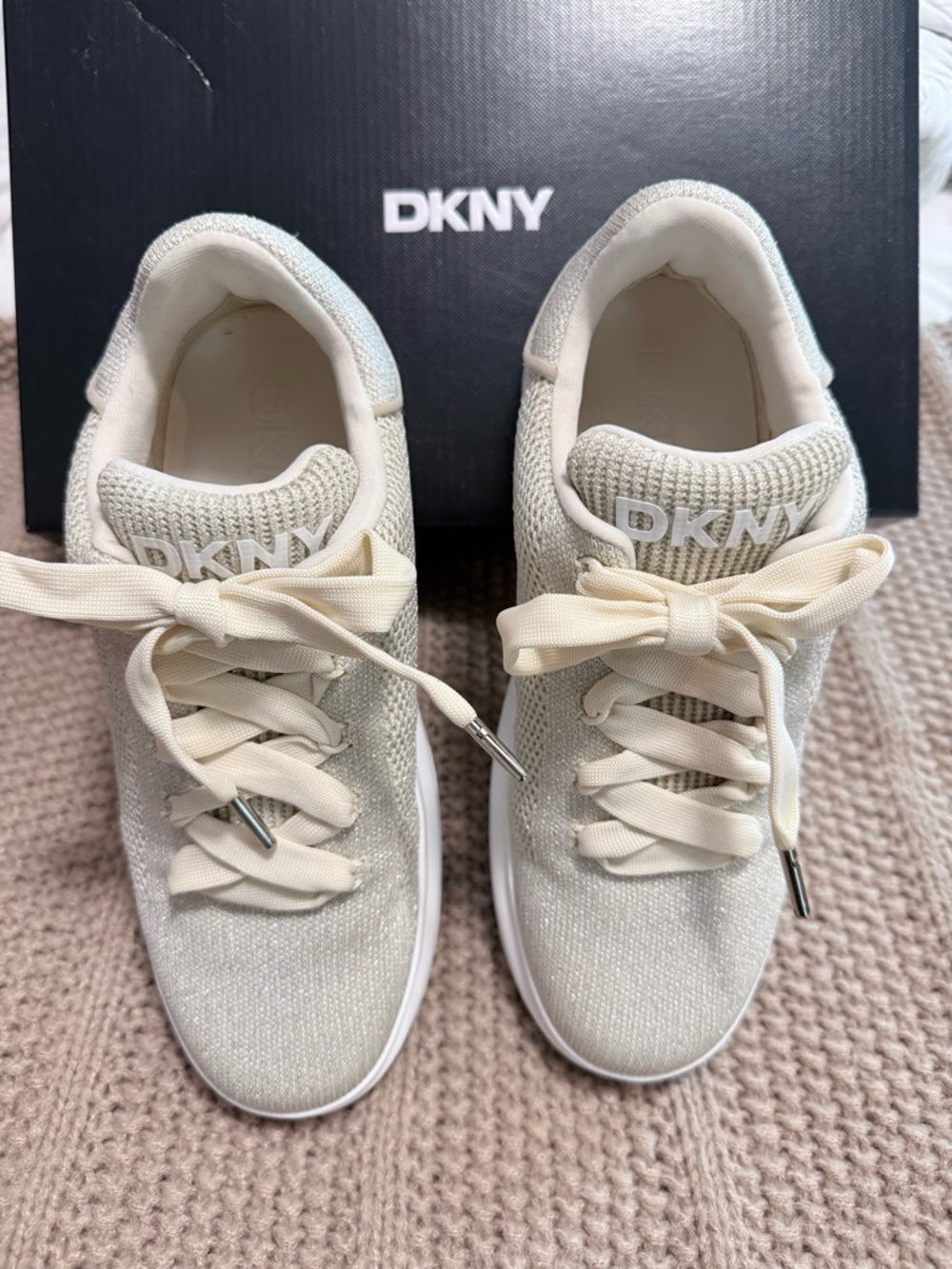 DKNY Cream Knit Platform Sneakers